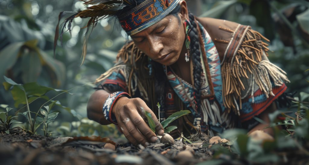 Miembros de una comunidad indígena venezolana en su hábitat tradicional, mostrando vestimenta y costumbres